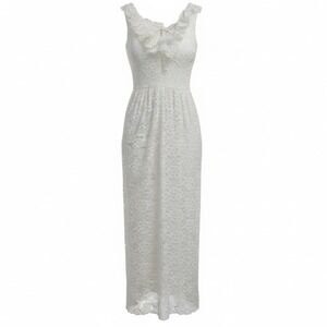 Nadine Vintage Ivory Floral Lace Ruffled V-Neck Maxi Dress Victorian ILGWU